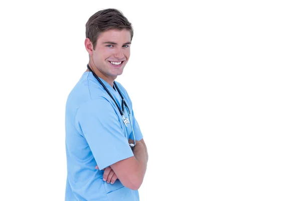 Mladá zdravotní sestra v modré tunice — Stock fotografie