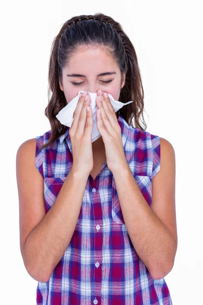 Brunette woman blowing her nose — Stock Photo, Image