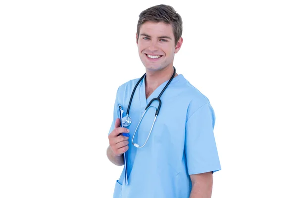 Verpleegkundige in blauwe tuniek glimlachen — Stockfoto
