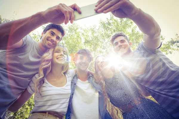 Szczęśliwy przyjaciółmi w parku przy selfie — Zdjęcie stockowe