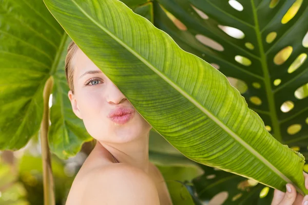 Beautiful blonde smiling at camera behind leaf — 图库照片