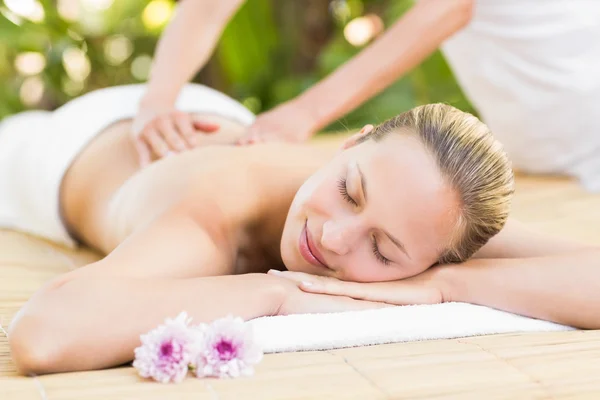 Mulher atraente recebendo massagem em suas costas — Fotografia de Stock