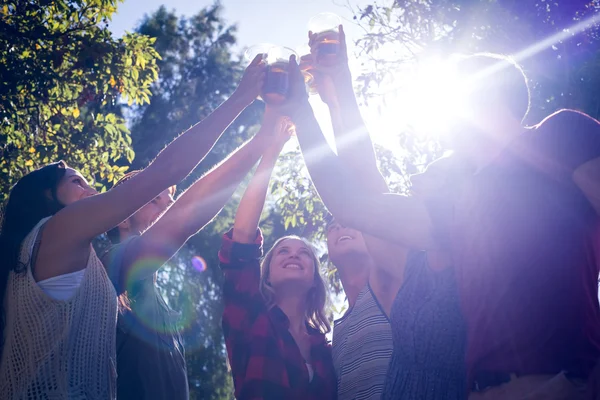 Amigos felizes no parque tomando cervejas — Fotografia de Stock