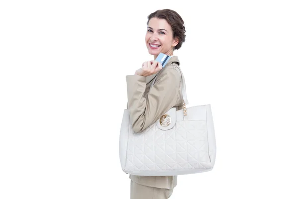 Affärskvinna visar ett vitt kort — Stockfoto