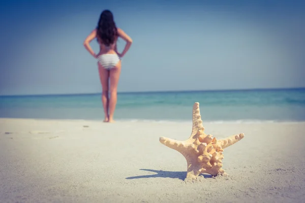 Brunette and starfish on beach — Stock Photo, Image