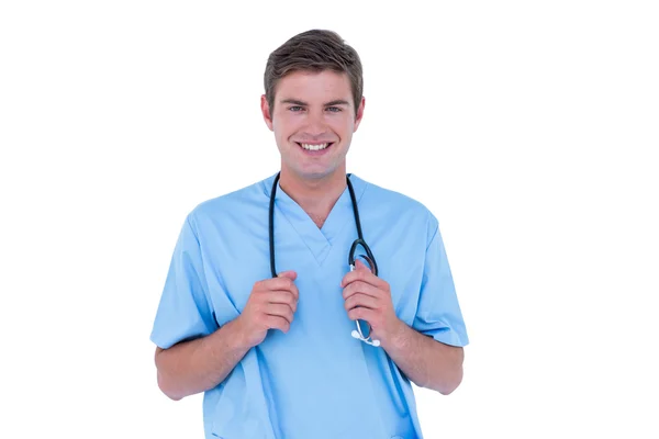 年轻的护士在蓝色衬衣 — 图库照片