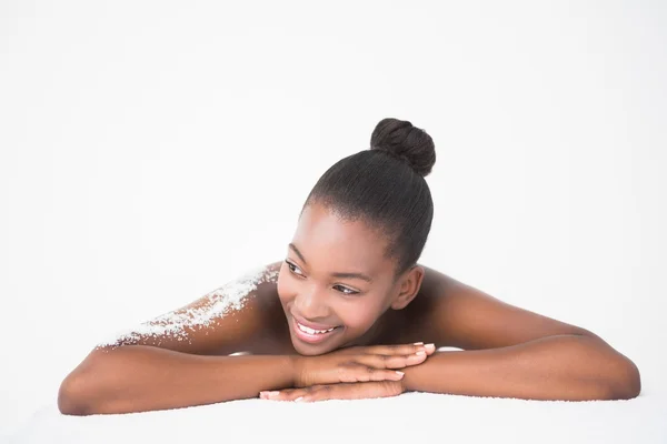 Woman with salt scrub on shoulder — Stok fotoğraf