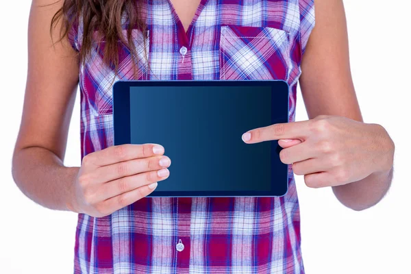 Woman touching tablet computer screen — Stock Photo, Image