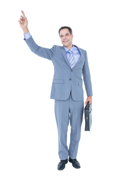 彼の手を上げる朗らかビジネスマン — ストック写真