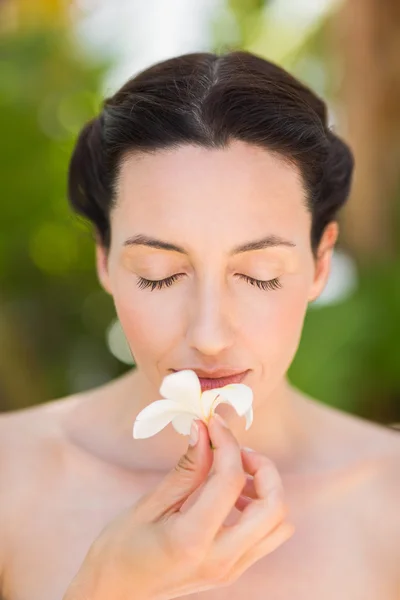 Morena sosteniendo una flor blanca — Foto de Stock