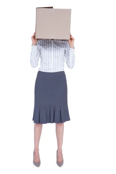 Businesswoman with box over head — Stock Photo, Image