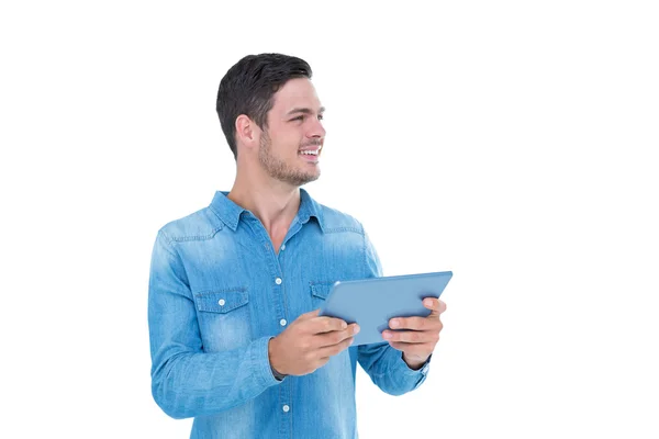 Handsome hipster holding tablet — Stock Photo, Image