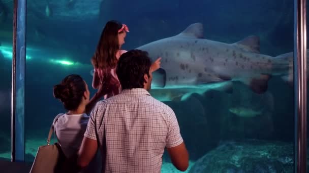 Familia feliz mirando peces en el tanque — Vídeos de Stock