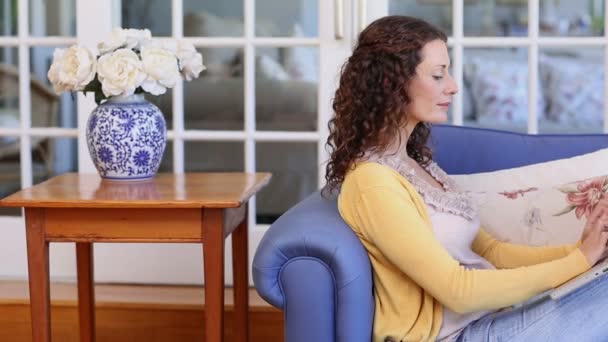 Happy woman using laptop on the couch — Stock Video