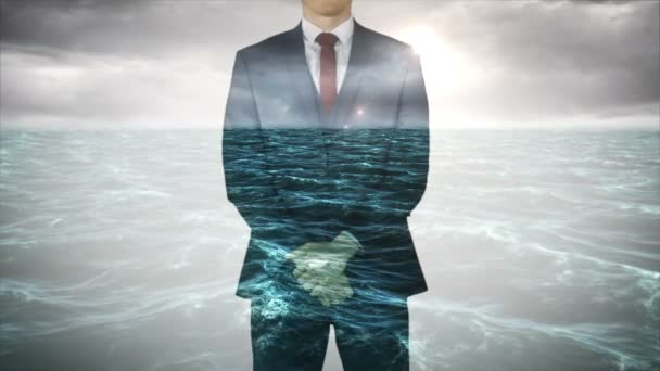 Podnikatel s překrytím neklidný oceán — Stock video
