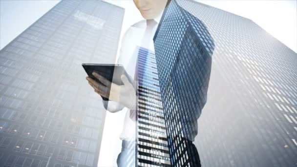 Businessman using tablet with cityscape overlay — Stock Video