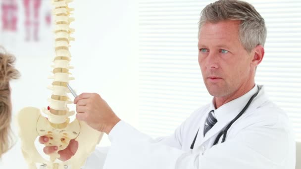 Fisioterapeuta explicando modelo de columna vertebral al paciente — Vídeos de Stock