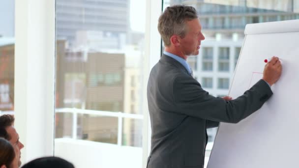 Бизнесмен использует доску во время презентации — стоковое видео