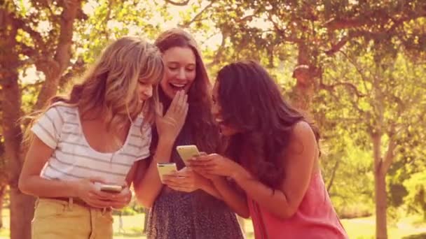 Vrienden met behulp van hun smartphones en lachen — Stockvideo