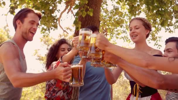 Amis acclamant avec des pintes de bière — Video