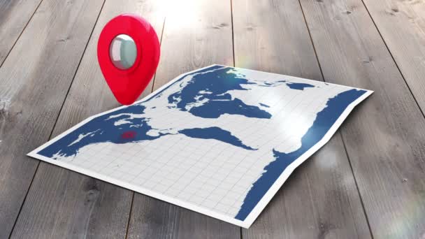 Mercek parlaması ile bir dünya haritası üzerinde işaretçi — Stok video