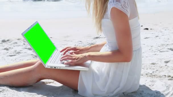 Блондинка використовує ноутбук на пляжі — стокове відео