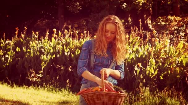 Woman holding basket with carrot — Stock Video