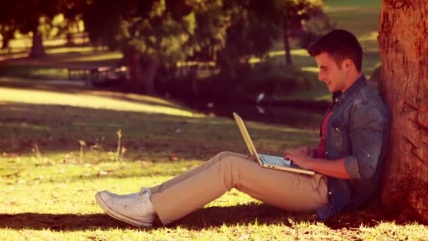 男人坐在一棵树和用他的笔记本电脑 — 图库视频影像
