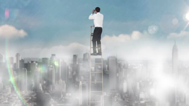 Businessman on ladder looking at skyscraper with binoculars — Stock Video