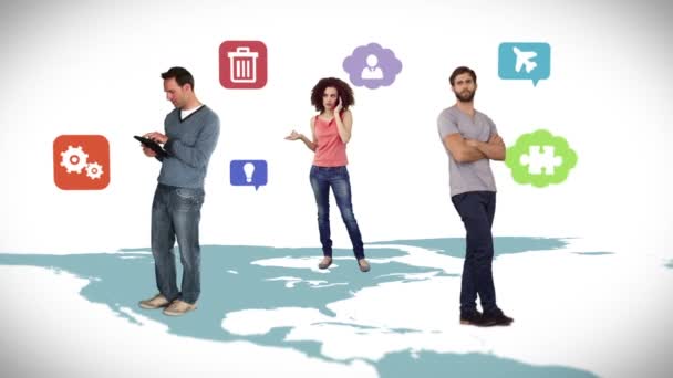 People standing on map with app icons — Stock Video