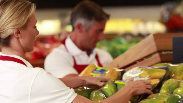 Trabalhadores sorridentes estocando legumes — Vídeo de Stock