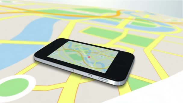 Znacznik wskazujący na telefon komórkowy przez powiększanie na mapie — Wideo stockowe