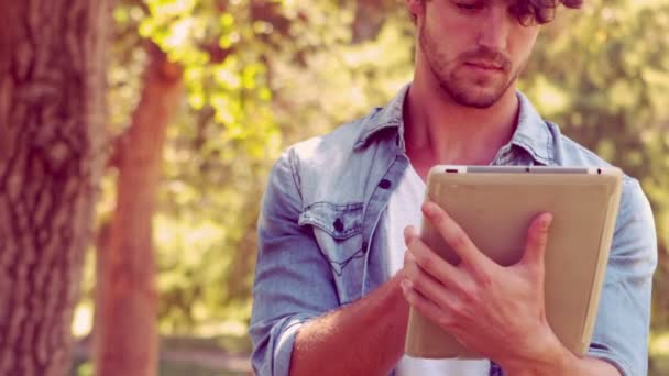 Hipster hombre utilizando la tableta de ordenador en el parque — Vídeo de stock