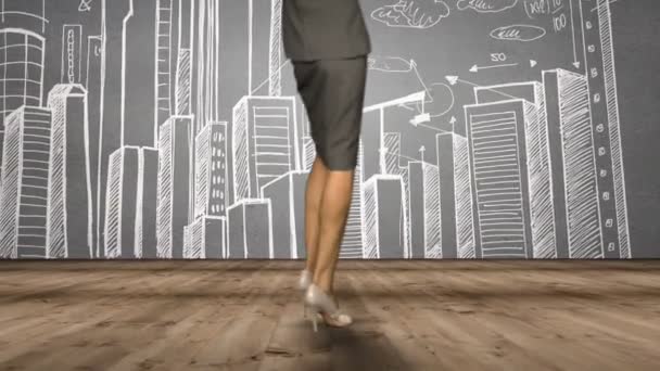 Mulher de negócios olhando para a paisagem urbana doodle — Vídeo de Stock