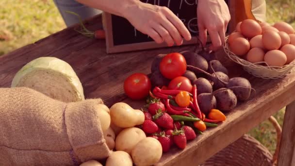Пара продажи органических овощей на рынке — стоковое видео
