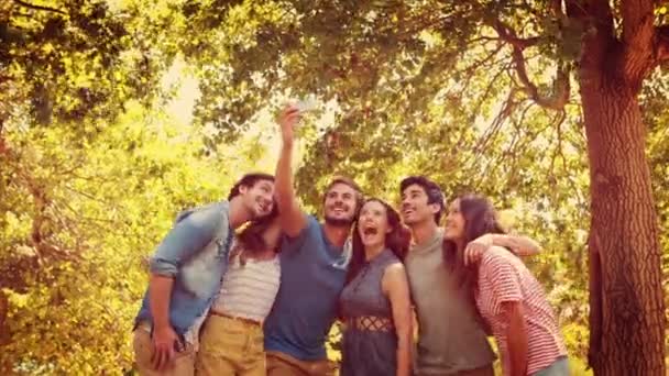 Přátelé si dávají selfie v parku — Stock video