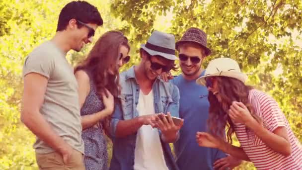 Amigos assistindo fotos em um smartphone no parque — Vídeo de Stock