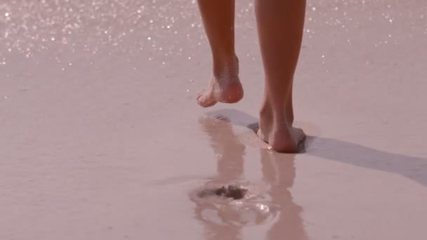 Wandelen op het strand blote footed vrouw — Stockvideo