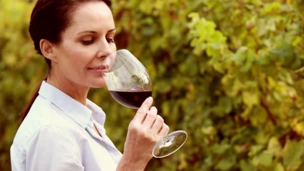 Жінка виноградарка кружляє винний келих — стокове відео