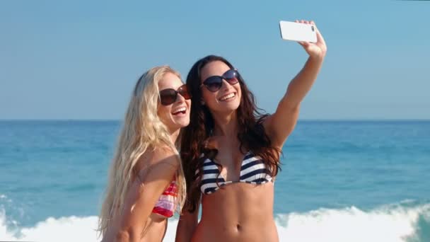 Przyjaciele przy selfie na plaży — Wideo stockowe