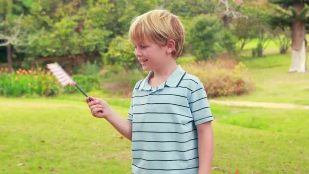 Little boy holding American flag — Stock Video