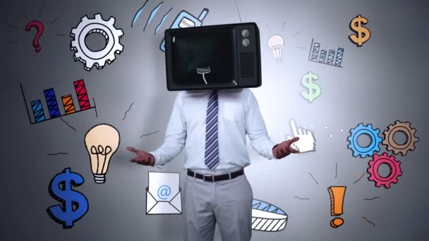 Businessman with tv on his head — Stock Video