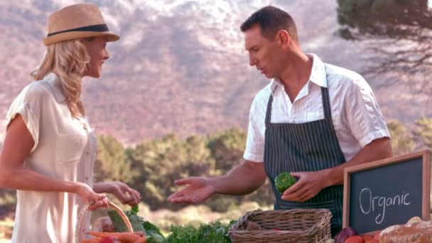 Farmer szőke ügyfél beszél — Stock videók