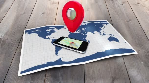 Marcador apuntando a un móvil en un mapa del mundo — Vídeo de stock