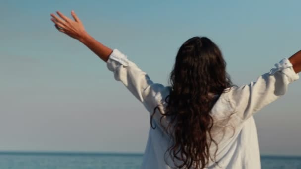 Woman with arms outstretched at the beach — Stock Video