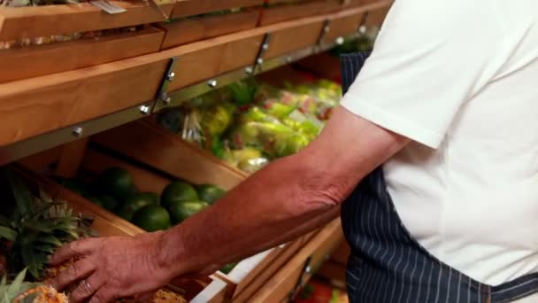 Travailleur âgé stockant les légumes — Video