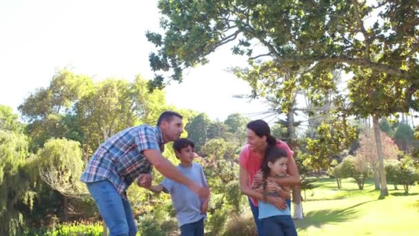 Família apontando algo no parque — Vídeo de Stock