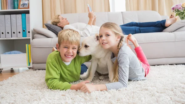 Silblings with puppy on rug — Stock Photo, Image