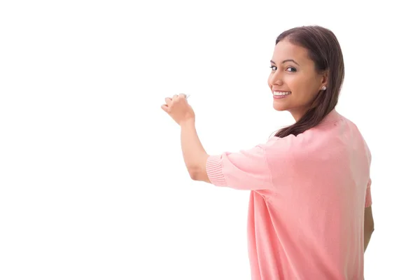 Mulher sorrindo e escrevendo — Fotografia de Stock