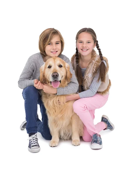 Frères et sœurs caressant golden retriever — Photo